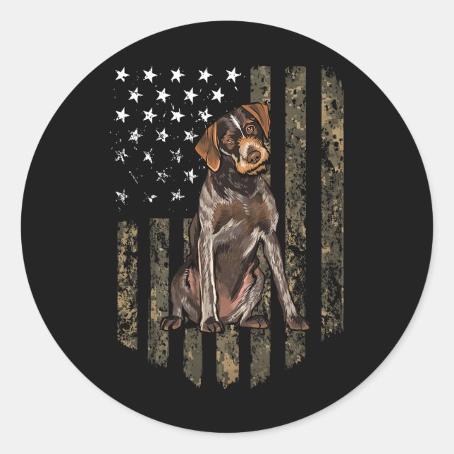 Sticker Rond Drapeau américain camouflage German Wirehaired Poi (Devant)