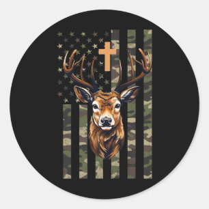 Sticker Rond Drapeau américain Christian Deer Hunting Camo