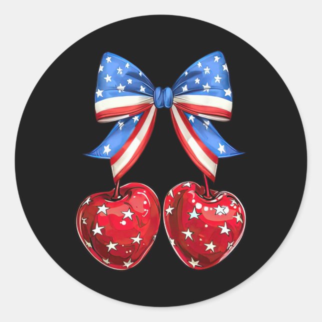 Sticker Rond Drapeau Américain Drôle Cherry Coquette Bow 4 Juil (Devant)