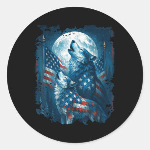 Sticker Rond Drapeau américain du 4 juillet Loup Hurlement Lune
