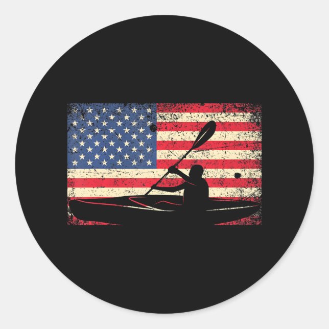 Sticker Rond Drapeau américain en détresse Kayaking Pride Funny (Devant)
