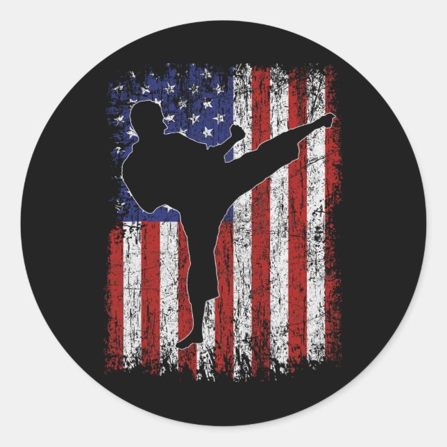 Sticker Rond Drapeau Américain High Kick Karate Silhouette Part (Devant)
