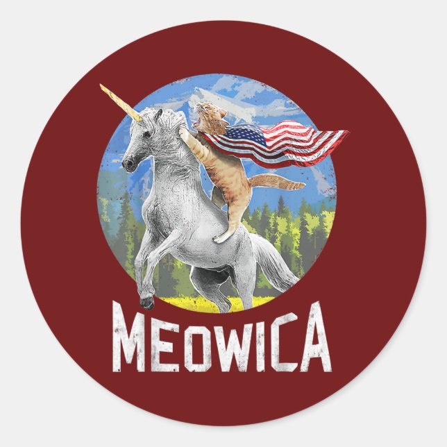 Sticker Rond Drapeau américain Meowica Unicorn Chat Patriotique (Devant)