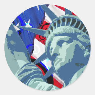 Sticker Rond Drapeau américain patriotique et statue de la lib