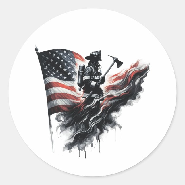 Sticker Rond Drapeau américain. Pompier (Devant)