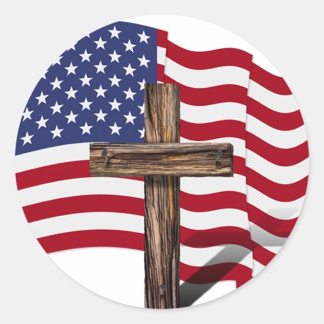 Sticker Rond Drapeau américain qui flotte et croix robuste (Devant)