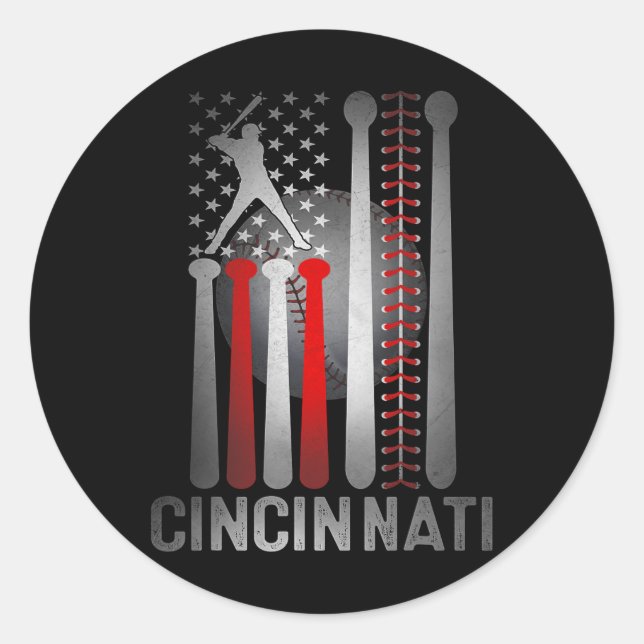 Sticker Rond Drapeau américain rétro Cincinnati Baseball en dét (Devant)
