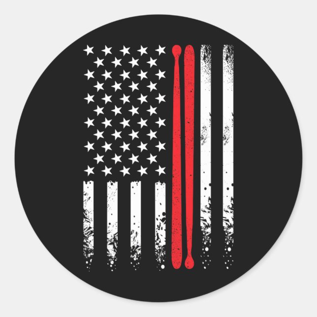 Sticker Rond Drapeau américain Retro Music Drummer Drum Stick 4 (Devant)