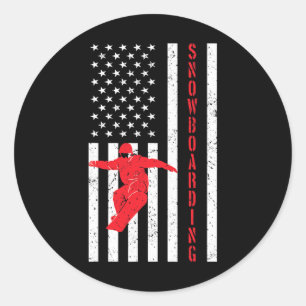 Sticker Rond Drapeau Américain Snowboard Usa Hiver Patriotique 