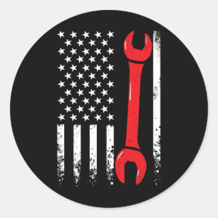 Sticker Rond Drapeau Américain Vintage Wrench 4th Of J