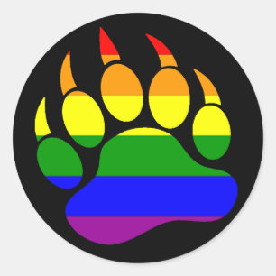 STICKER ROND DRAPEAU ARC-EN-CIEL PATTE D'OURS SUR FOND NOIR - A