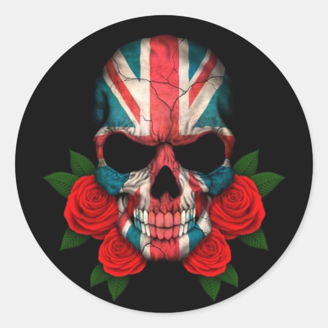 Sticker Rond Drapeau britannique avec des roses rouges (Devant)