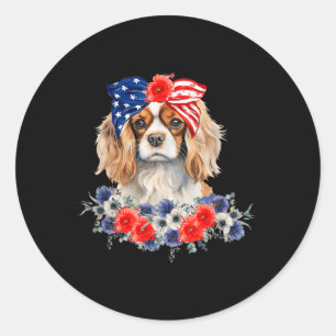 Sticker Rond Drapeau Cavalier King Charles Spaniel Bandana Usa 