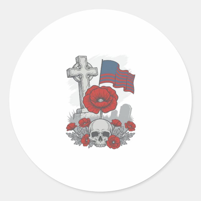 Sticker Rond Drapeau coquelicot commémoratif Croix Gravure Vint (Devant)