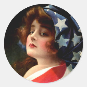 Sticker Rond Drapeau dame 4 juillet art patriotique Vintage
