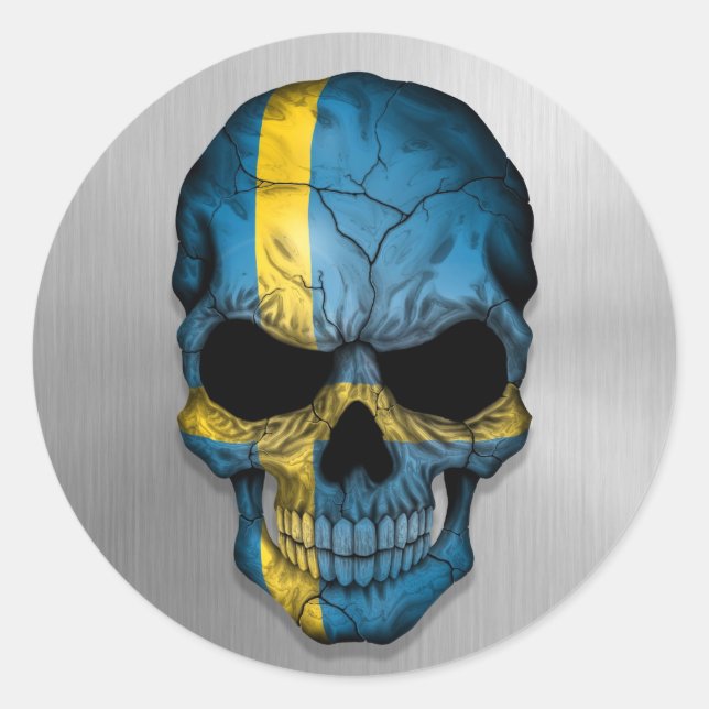 Sticker Rond Drapeau de la Suède sur un crâne en acier (Devant)