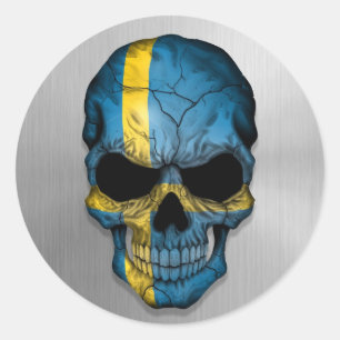 Sticker Rond Drapeau de la Suède sur un crâne en acier
