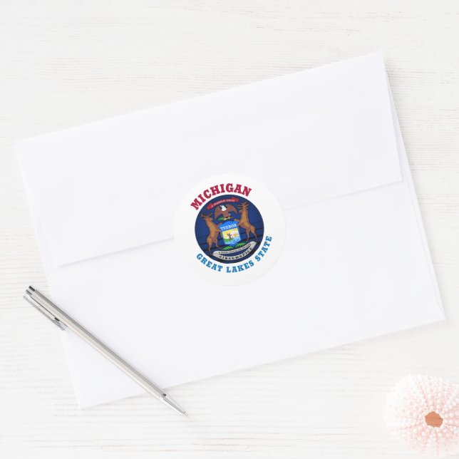 Sticker Rond Drapeau de l'État des Grands Lacs du MICHIGAN (Enveloppe)