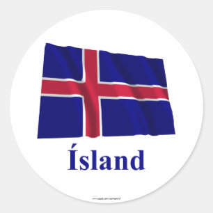 Sticker Rond Drapeau de ondulation de l'Islande avec le nom