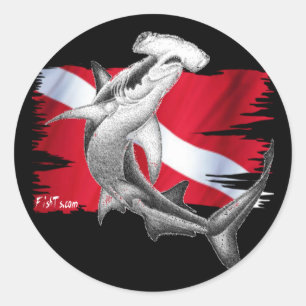 Sticker Rond Drapeau de plongée avec requin marteau plongeur ve