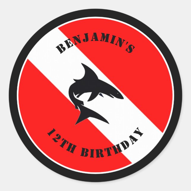 Sticker Rond Drapeau de plongée et requin personnalisés (Devant)