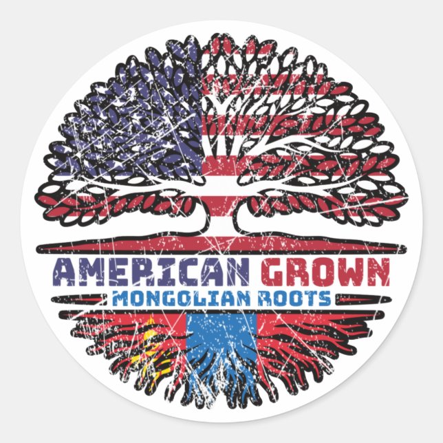 Sticker Rond Drapeau des racines d'arbre Mongolie-Amérique (Devant)
