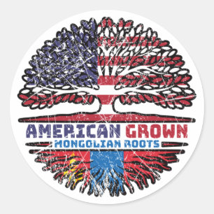 Sticker Rond Drapeau des racines d'arbre Mongolie-Amérique