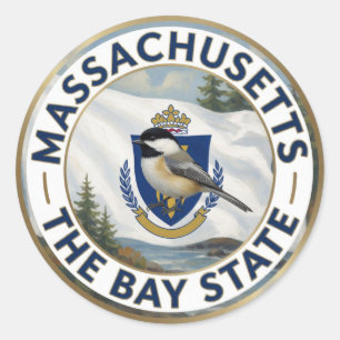 Sticker Rond 🌊 Drapeau du Massachusetts et Mésange à tête noir