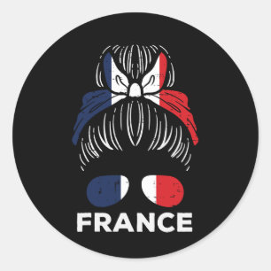 Sticker Rond Drapeau France Fille Française Chignon Football So