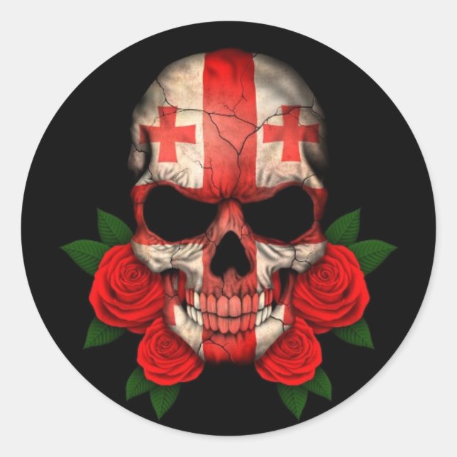 Sticker Rond Drapeau géorgien crâne avec des roses rouges (Devant)