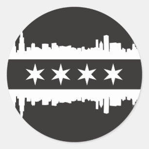 Sticker Rond Drapeau/horizon de Chicago dans noir et le blanc