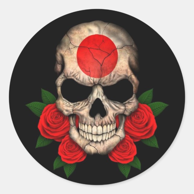 Sticker Rond Drapeau japonais avec des roses rouges (Devant)