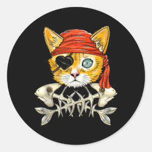 Sticker Rond Drapeau Jolly Roger Crâne Et Os - Chat Drôle