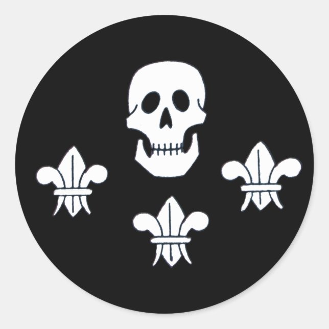 STICKER ROND DRAPEAU JOLLY ROGER ET TROIS LIEUX (Devant)