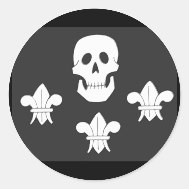 STICKER ROND DRAPEAU JOLLY ROGER ET TROIS LIEUX (Devant)