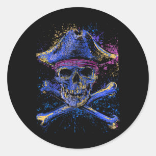 Sticker Rond Drapeau Jolly Roger squelette crâne os croisés Hal