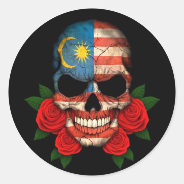 Sticker Rond Drapeau malaisien avec des roses rouges (Devant)