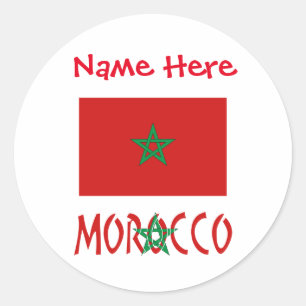 Sticker Rond Drapeau Marocain Maroc Nom Personnalisé Rouge