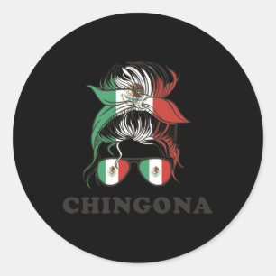 Sticker Rond Drapeau mexicain de Chingona Mexico Messy Bun