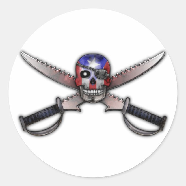 Sticker Rond Drapeau porto-ricain - Crâne et épées croisées (Devant)