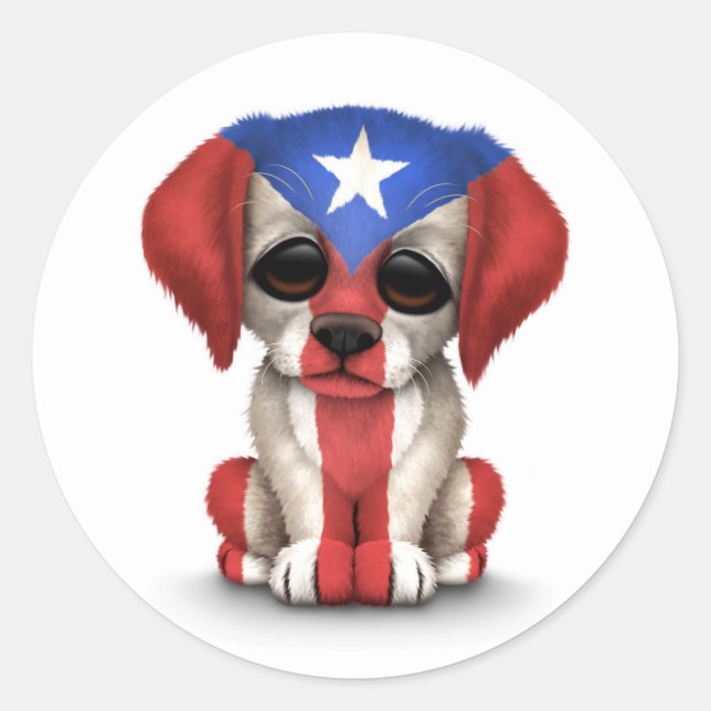 Sticker Rond Drapeau Porto Rico Patriotique Mignonne Chien Chie (Devant)