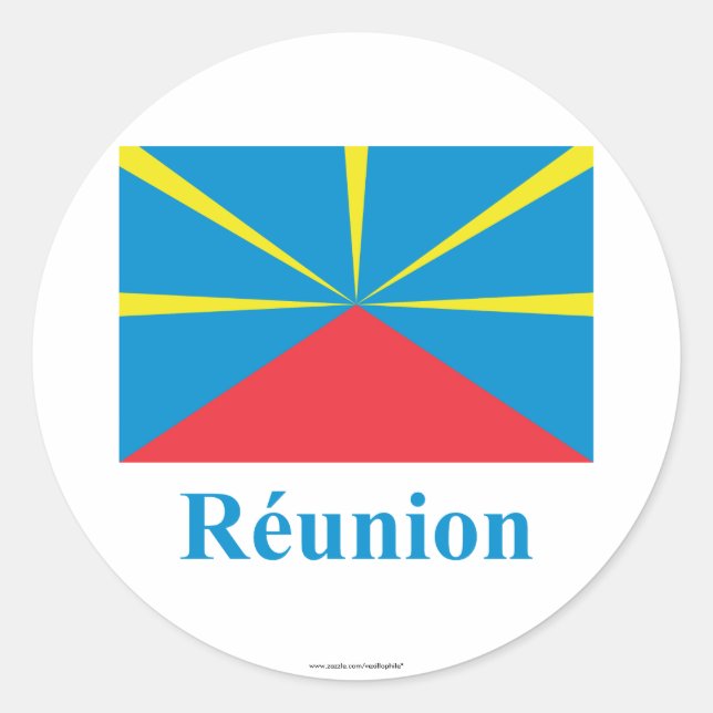 Sticker Rond Drapeau proposé de l'île de la Réunion avec nom en (Devant)