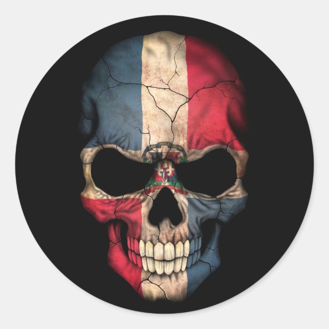 Sticker Rond Drapeau République Dominicaine crâne sur noir (Devant)