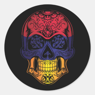 Sticker Rond Drapeau Rose Et Crâne