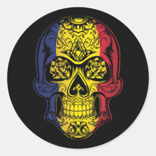 Sticker Rond Drapeau Roumanie Crâne Et Roses