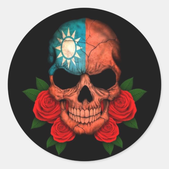 Sticker Rond Drapeau taïwanais crâne avec des roses rouges (Devant)