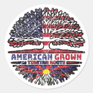Sticker Rond Drapeau tibétain américain des racines d'arbres
