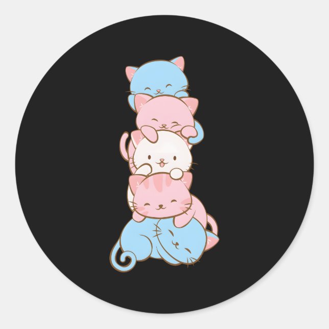 Sticker Rond Drapeau Trans Pride Kawaii Chat Transgenre (Devant)