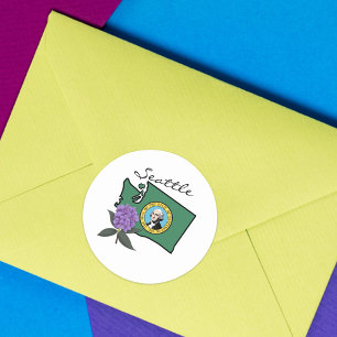Sticker Rond Drapeau Washington et Fleur Rhododendron Pacifique
