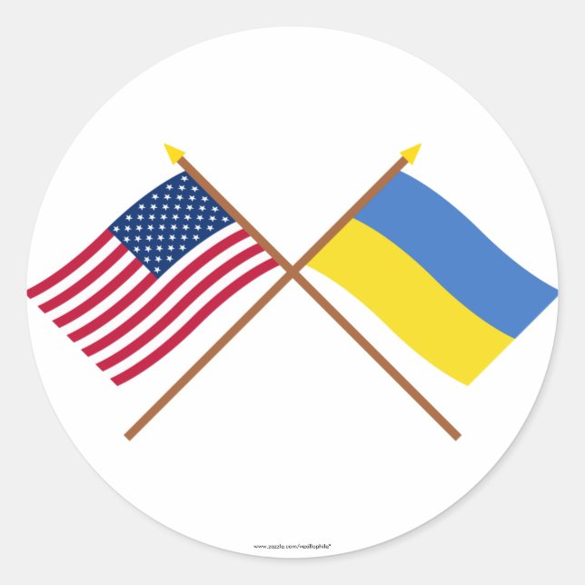 Sticker Rond Drapeaux croisés des États-Unis et de l'Ukraine (Devant)